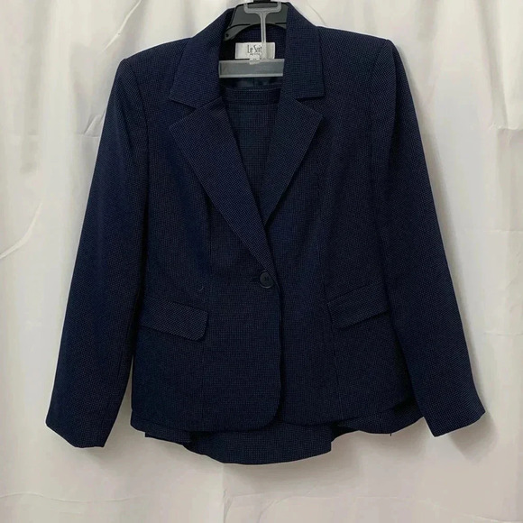 Women’s LeSuit 3 Piece Skirt Suit Navy Blue With Polka Dots Size 6 Petite EUC - Picture 1 of 16